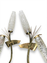 Pair of 1960s Gilt Metal Reed Wall Sconces, Frosted Glass Wheat Sheaf Design, Attributed to Maison Arlus