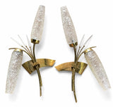 Pair of 1960s Gilt Metal Reed Wall Sconces, Frosted Glass Wheat Sheaf Design, Attributed to Maison Arlus