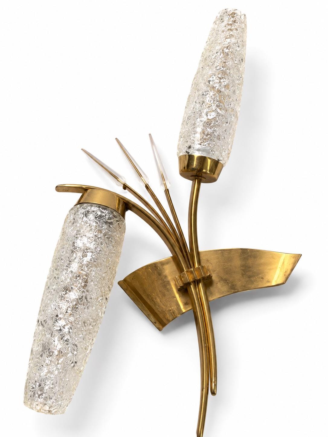 Pair of 1960s Gilt Metal Reed Wall Sconces, Frosted Glass Wheat Sheaf Design