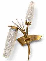 Pair of 1960s Gilt Metal Reed Wall Sconces, Frosted Glass Wheat Sheaf Design, Attributed to Maison Arlus