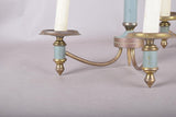 Pair of Brass and Blue-Grey Wall Sconces, Three-Arm Neoclassical Style Lighting, Circa 1940s