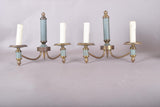 Pair of Brass and Blue-Grey Wall Sconces, Three-Arm Neoclassical Style Lighting, Circa 1940s
