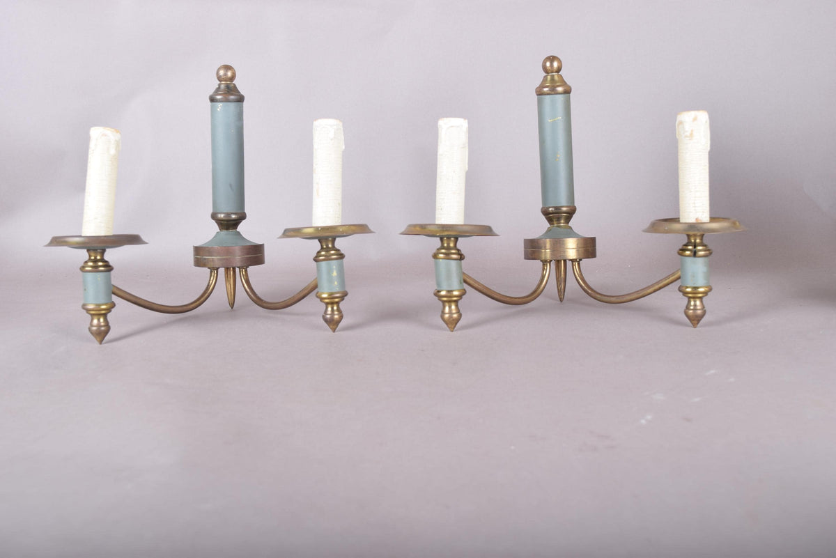Pair of Brass and Blue-Grey Wall Sconces, Three-Arm Neoclassical Style Lighting, Circa 1940s