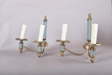 Pair of Brass and Blue-Grey Wall Sconces, Three-Arm Neoclassical Style Lighting, Circa 1940s