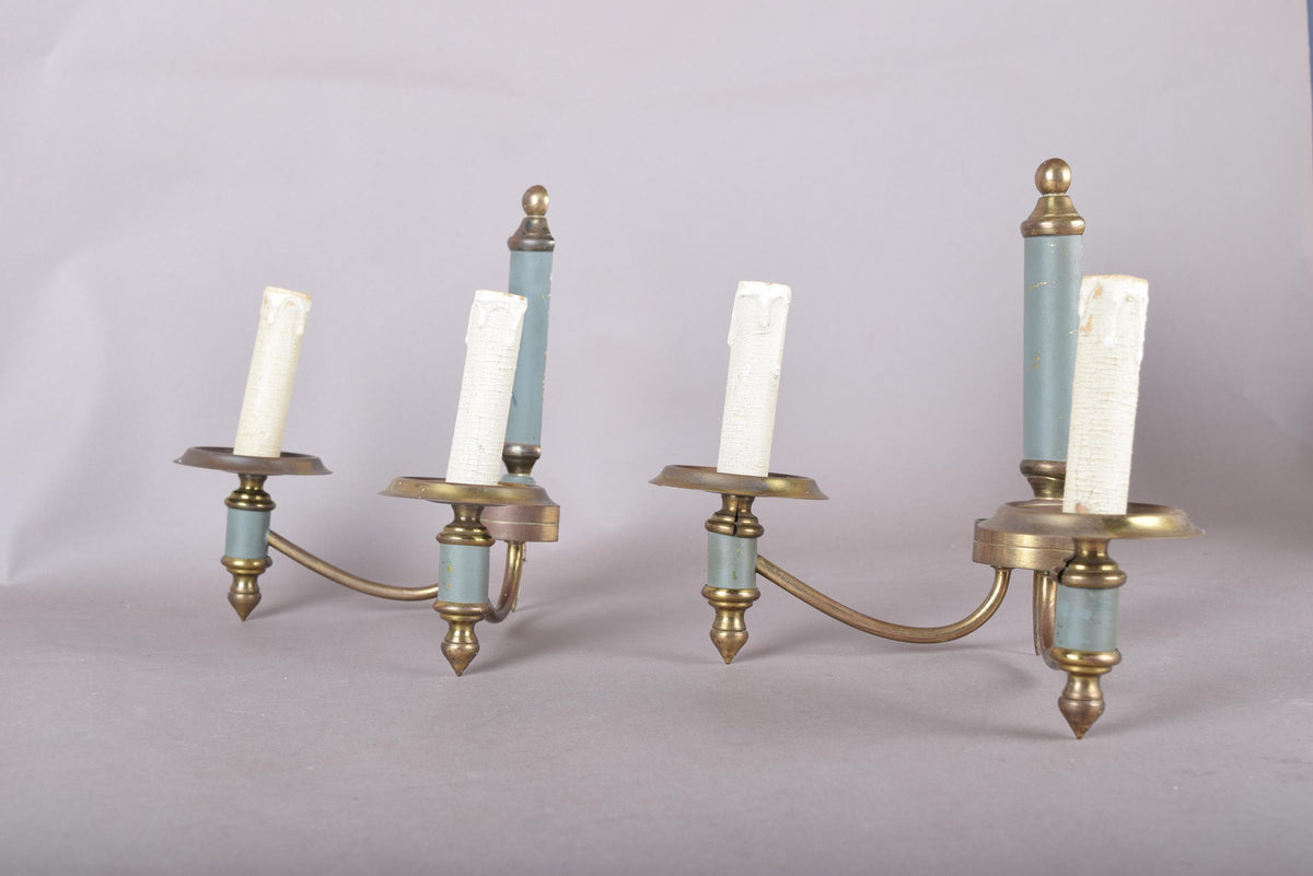 Pair of Brass and Blue-Grey Wall Sconces, Three-Arm Neoclassical Style Lighting, Circa 1940s