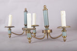 Pair of Brass and Blue-Grey Wall Sconces, Three-Arm Neoclassical Style Lighting, Circa 1940s