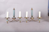 Pair of Brass and Blue-Grey Wall Sconces, Three-Arm Neoclassical Style Lighting, Circa 1940s