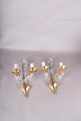 Pair of Vintage Brass Wall Sconces, Crystal Drops, Fan Backplate Design