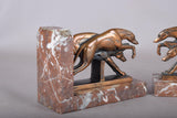 Pair of Art Deco Greyhound Bookends, Bronze Dogs on Red Marble, French Style Bookstands