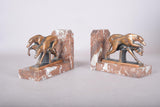 Pair of Art Deco Greyhound Bookends, Bronze Dogs on Red Marble, French Style Bookstands