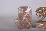 Pair of Art Deco Greyhound Bookends, Bronze Dogs on Red Marble, French Style Bookstands