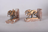 Pair of Art Deco Greyhound Bookends, Bronze Dogs on Red Marble, French Style Bookstands