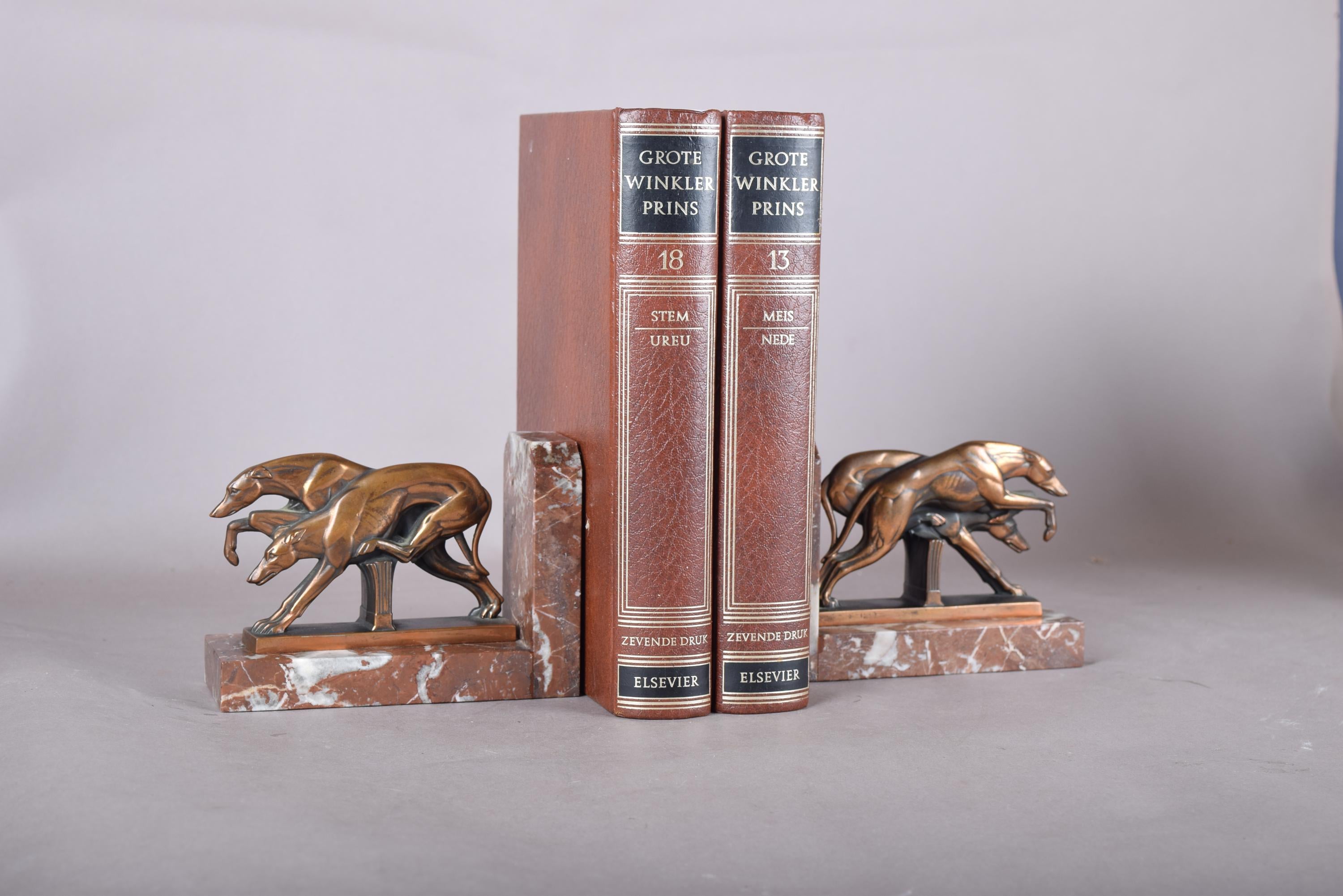 Pair of Art Deco Greyhound Bookends, Bronze Dogs on Red Marble, French Style Bookstands