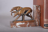 Pair of Art Deco Greyhound Bookends, Bronze Dogs on Red Marble, French Style Bookstands