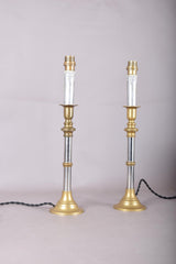 Pair of Mid-Century Brass and Chrome Column Table Lamps, Two-Tone Turned Column Base