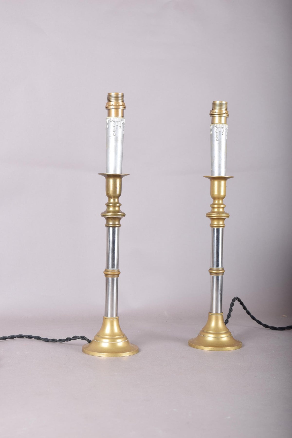 Pair of Mid-Century Brass and Chrome Column Table Lamps, Two-Tone Turned Column Base
