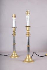 Pair of Mid-Century Brass and Chrome Column Table Lamps, Two-Tone Turned Column Base