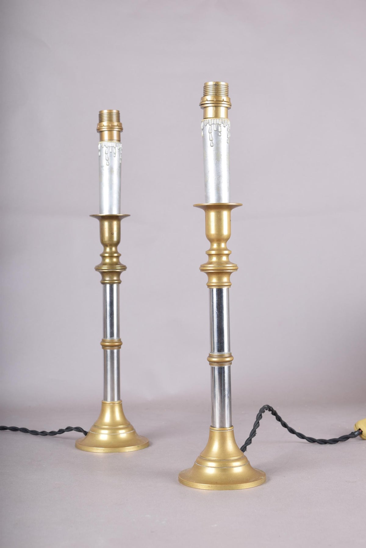 Pair of Mid-Century Brass and Chrome Column Table Lamps, Two-Tone Turned Column Base
