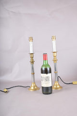 Pair of Mid-Century Brass and Chrome Column Table Lamps, Two-Tone Turned Column Base