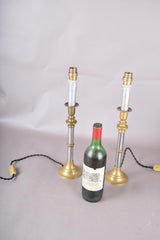 Pair of Mid-Century Brass and Chrome Column Table Lamps, Two-Tone Turned Column Base