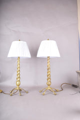 Pair of Solid Brass Barley Twist Table Lamps, Splayed Foot Base with Pleated Shades