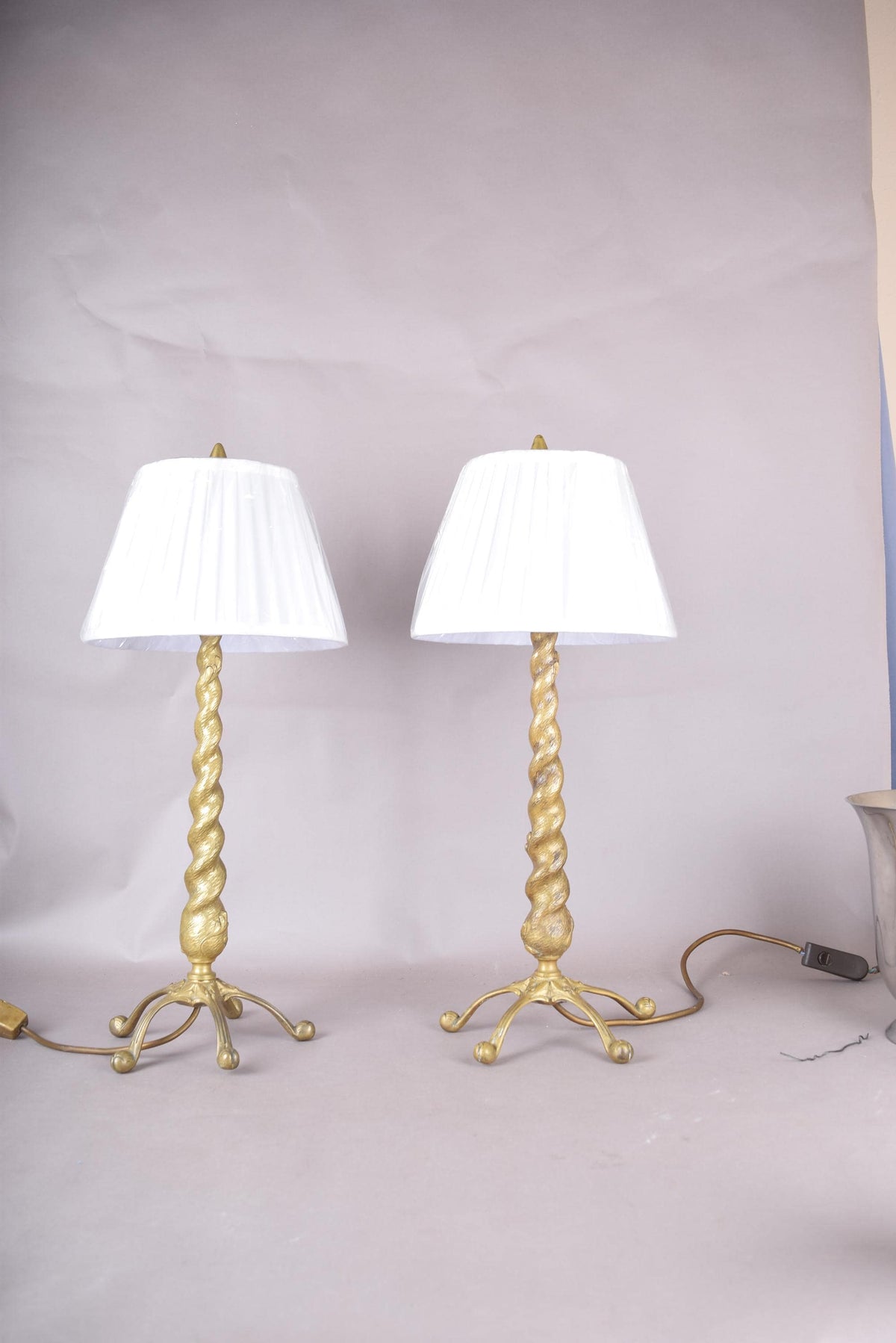 Pair of Solid Brass Barley Twist Table Lamps, Splayed Foot Base with Pleated Shades