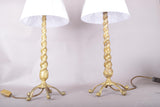 Pair of Solid Brass Barley Twist Table Lamps, Splayed Foot Base with Pleated Shades