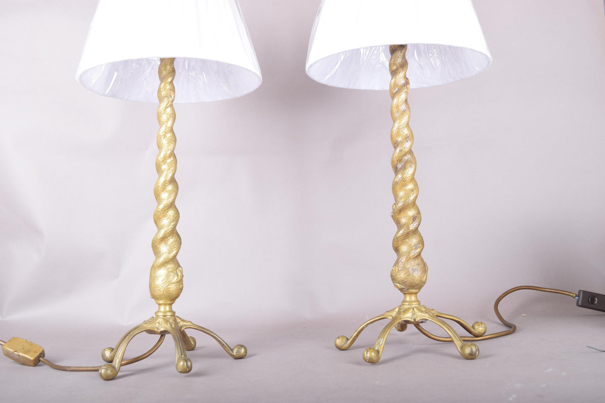 Pair of Solid Brass Barley Twist Table Lamps, Splayed Foot Base with Pleated Shades