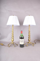 Pair of Solid Brass Barley Twist Table Lamps, Splayed Foot Base with Pleated Shades
