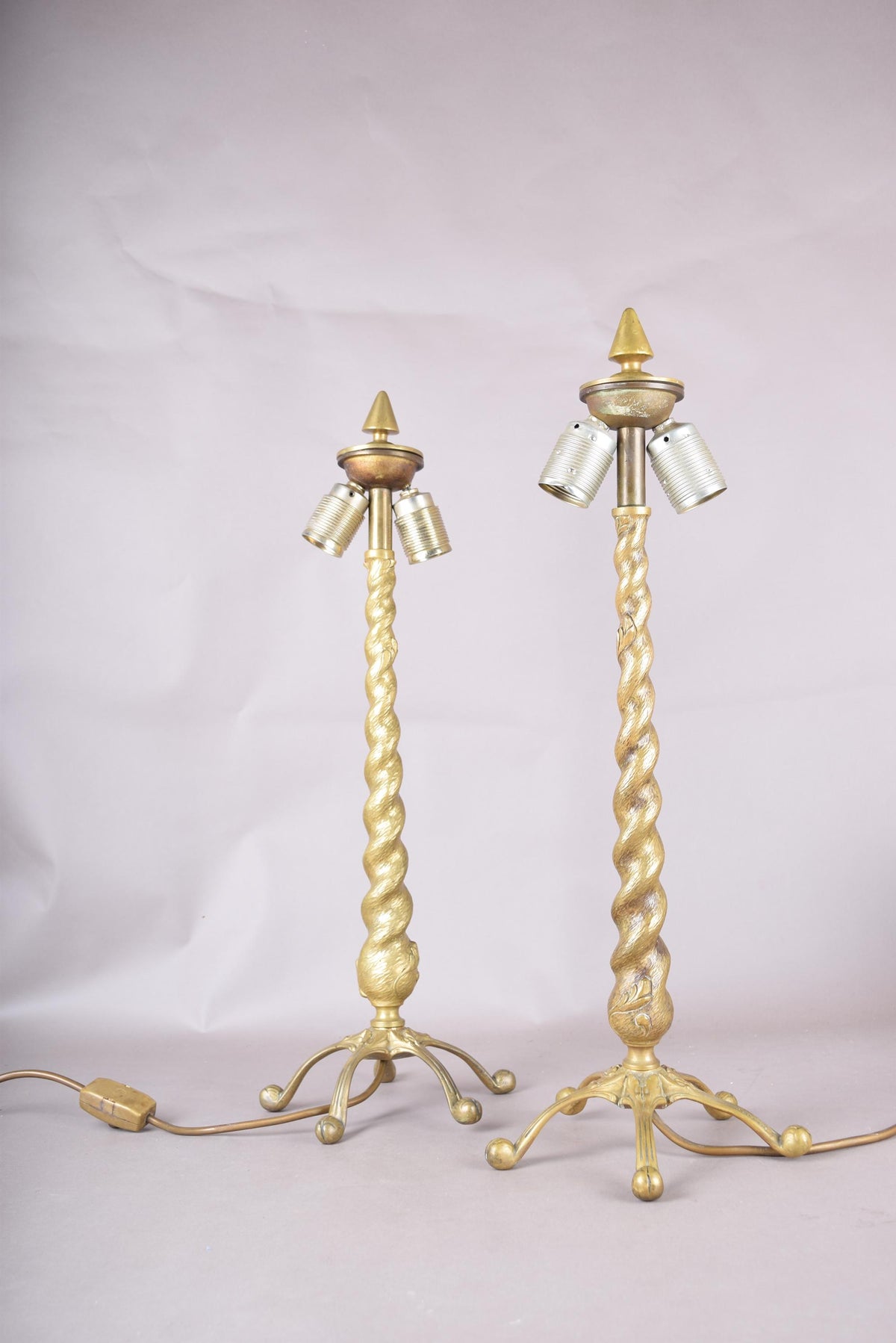 Pair of Solid Brass Barley Twist Table Lamps, Splayed Foot Base with Pleated Shades