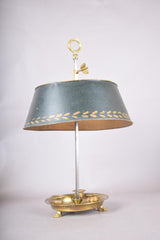 Antique French Bouillotte Lamp, Brass Base with Green Tole Shade, Paw Feet, Ring Finial