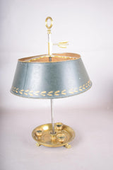 Antique French Bouillotte Lamp, Brass Base with Green Tole Shade, Paw Feet, Ring Finial