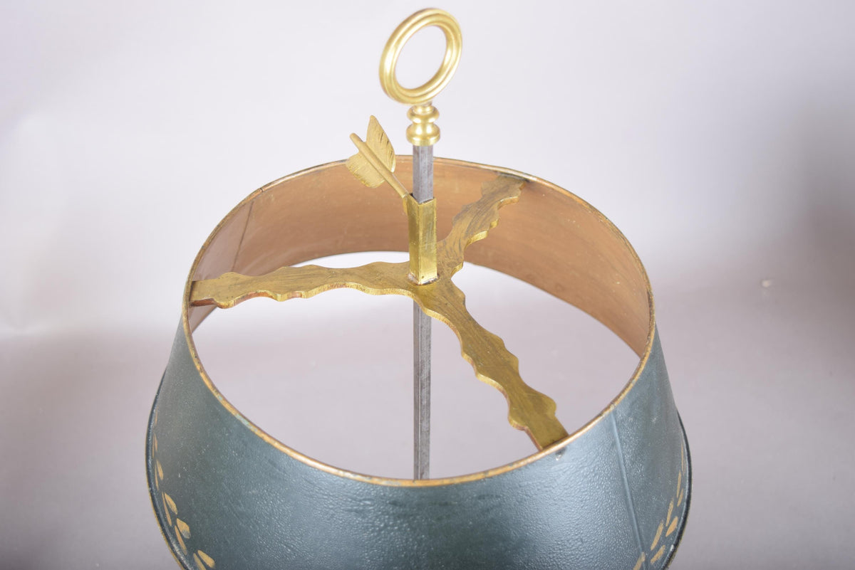 Three-Light Brass Bouillotte Lamp, Dark Painted Tole Shade, Paw Feet and Ring Finial