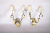 Pair of Jules Leleu Attributed Brass Wall Sconces, Scrolled Two-Arm Sconces with Crystal Bobeches