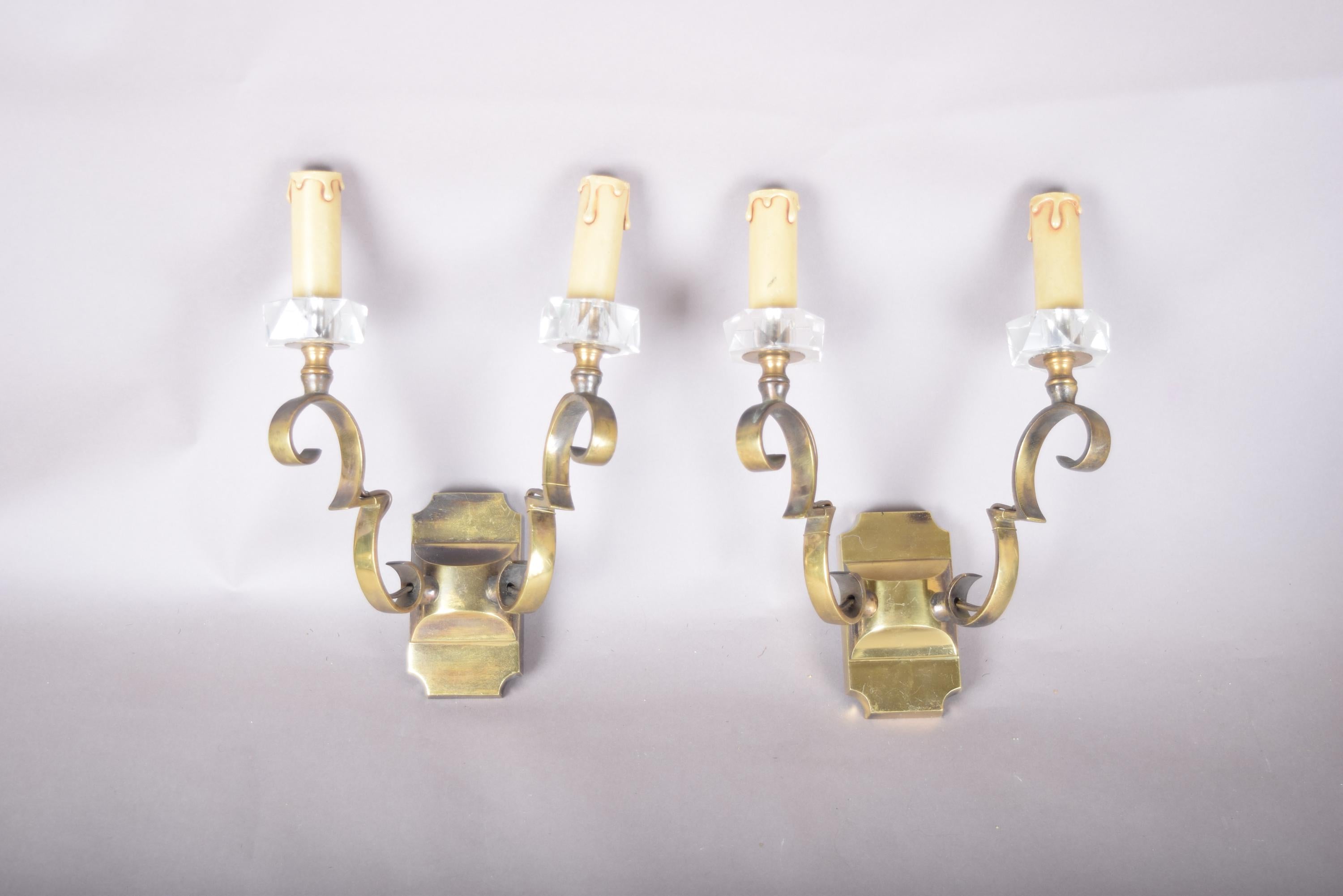 Pair of Jules Leleu Attributed Brass Wall Sconces, Scrolled Two-Arm Sconces with Crystal Bobeches