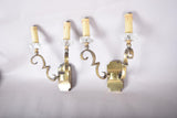 Pair of Jules Leleu Attributed Brass Wall Sconces, Scrolled Two-Arm Sconces with Crystal Bobeches