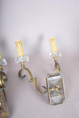 Pair of Jules Leleu Attributed Brass Wall Sconces, Scrolled Two-Arm Sconces with Crystal Bobeches