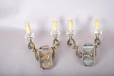 Pair of Jules Leleu Attributed Brass Wall Sconces, Scrolled Two-Arm Sconces with Crystal Bobeches