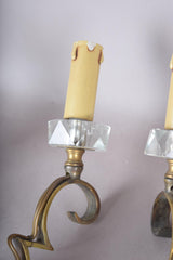 Pair of Jules Leleu Attributed Brass Wall Sconces, Scrolled Two-Arm Sconces with Crystal Bobeches