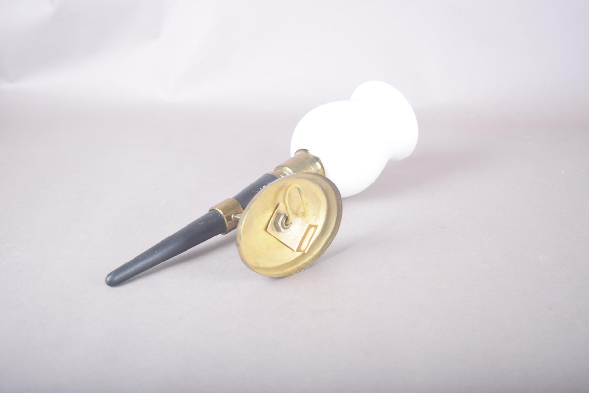 French Designer Wall Sconce, Horn-Form Brass and Black Lacquer Fixture with Cloud Glass Shade