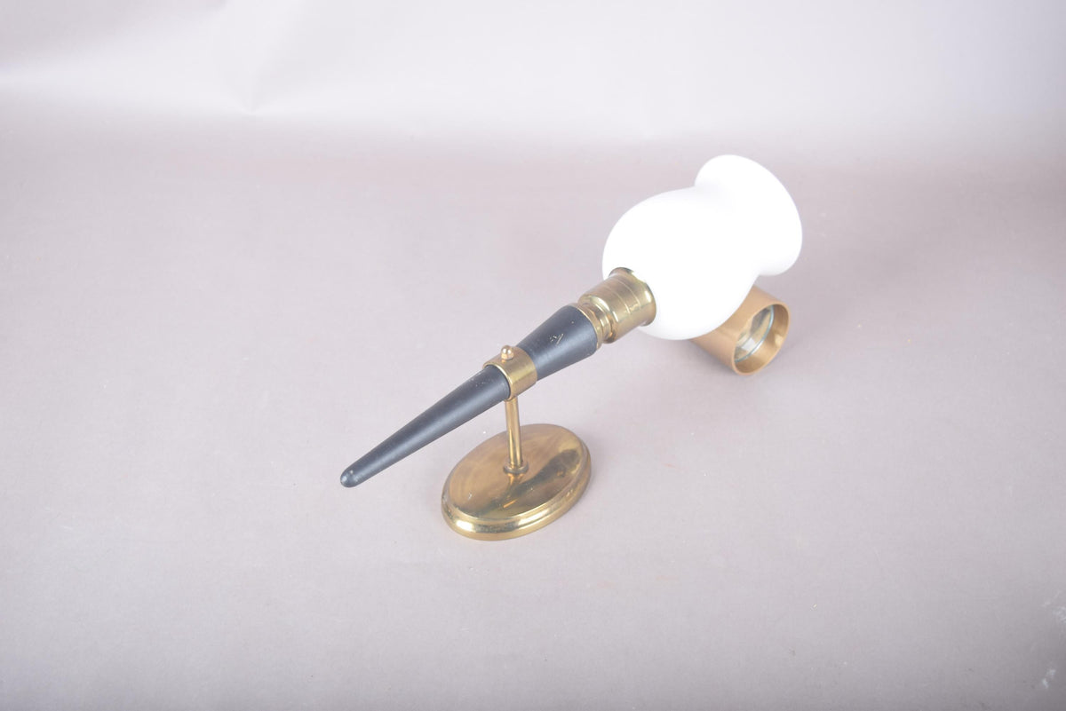 French Designer Wall Sconce, Horn-Form Brass and Black Lacquer Fixture with Cloud Glass Shade