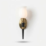 French Designer Wall Sconce, Horn-Form Brass and Black Lacquer Fixture with Cloud Glass Shade