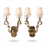 Pair of Jules Leleu Attributed Brass Wall Sconces, Scrolled Two-Arm Sconces with Crystal Bobeches