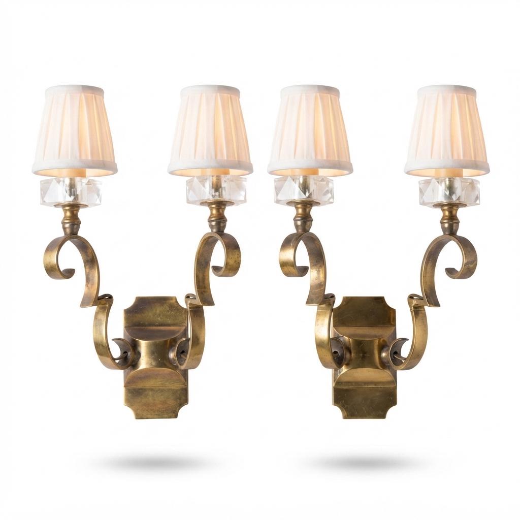 Pair of Jules Leleu Attributed Brass Wall Sconces, Scrolled Two-Arm Sconces with Crystal Bobeches