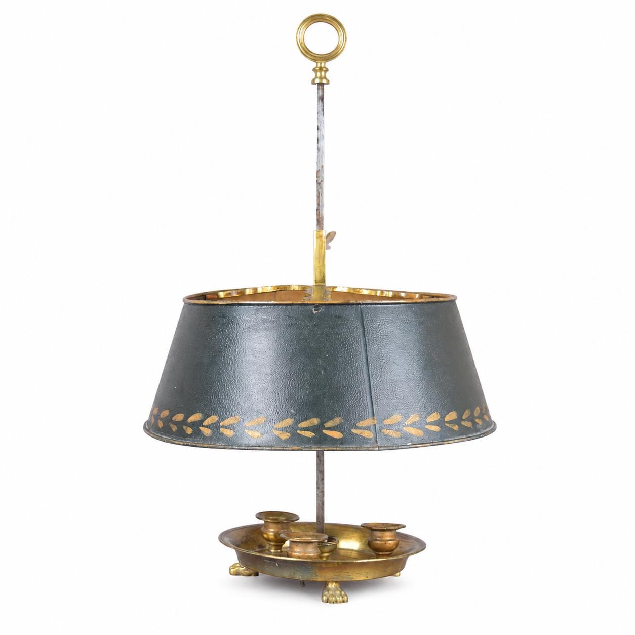 Antique French Bouillotte Lamp, Brass Base with Green Tole Shade, Paw Feet, Ring Finial