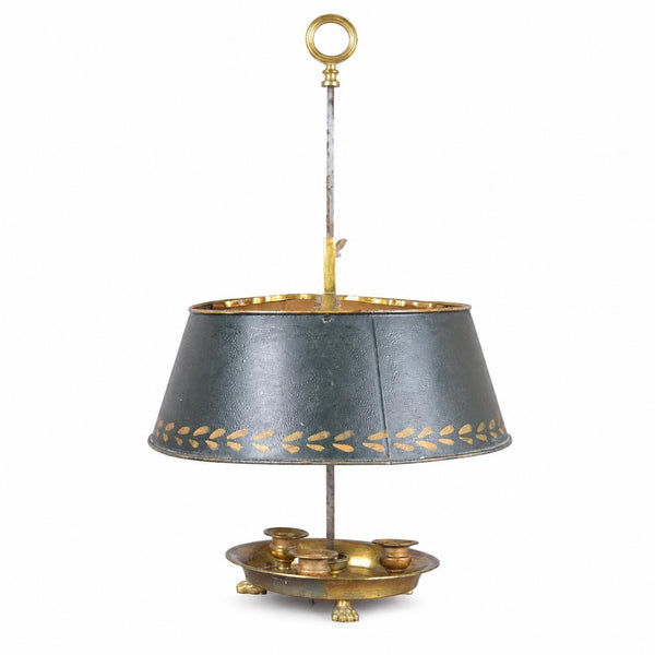 Antique French Bouillotte Lamp, Brass Base with Green Tole Shade, Paw Feet, Ring Finial
