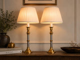 Pair of Mid-Century Brass and Chrome Column Table Lamps, Two-Tone Turned Column Base