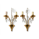 Pair of Vintage Brass Wall Sconces, Crystal Drops, Fan Backplate Design