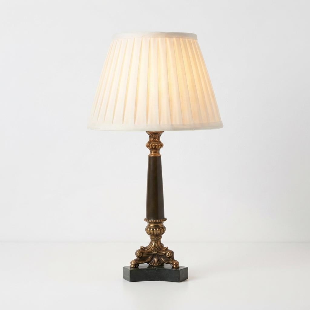 Vintage French Neoclassical Table Lamp, Gold-Toned Base, Green Column, White Pleated Shade