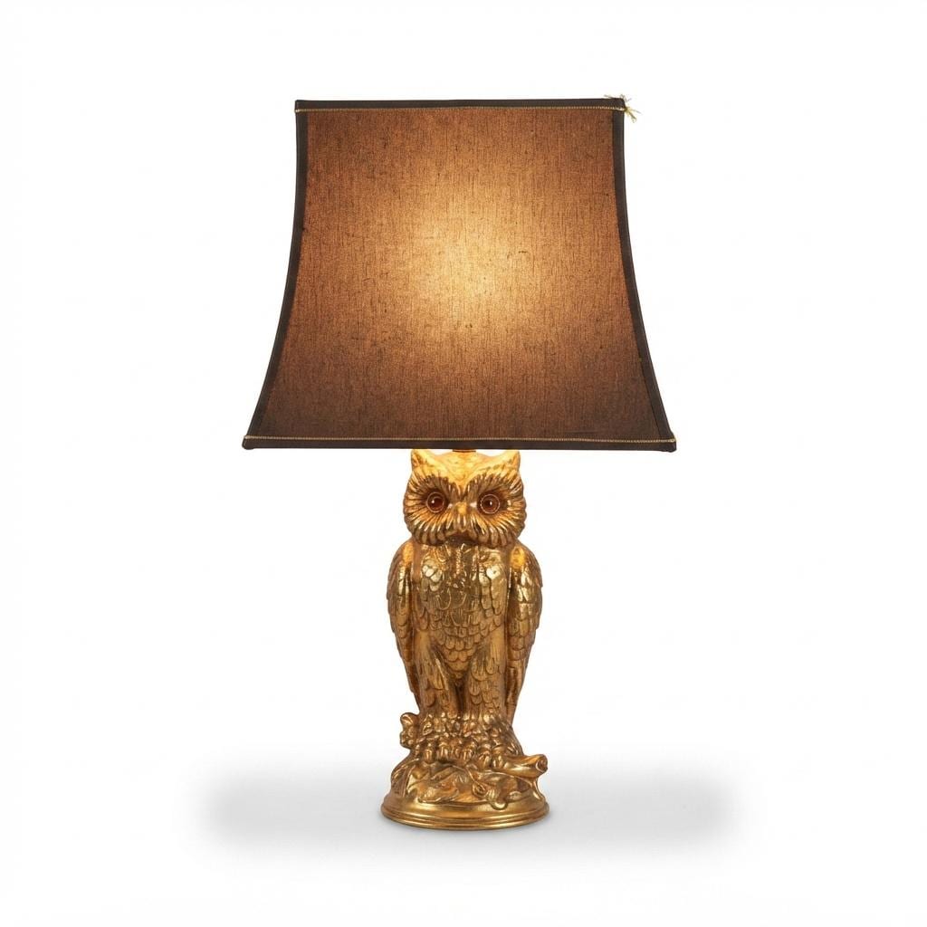 Vintage Gold Owl Table Lamp, Loevsky & Loevsky by Deknudt, Hollywood Regency, Belgium, 1960s/70s